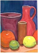 watercolour of oranges, lemons and pots, link to week 11 to 15 of my course.